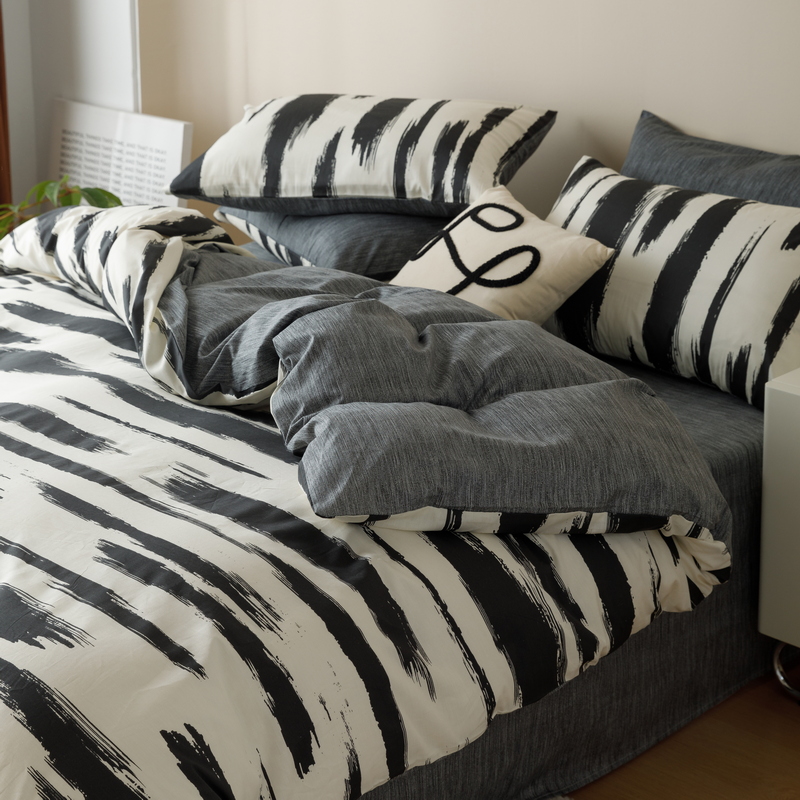 沁晨家居-全棉简约线条四件套清新纯棉三件套床上用品 黑白配ll