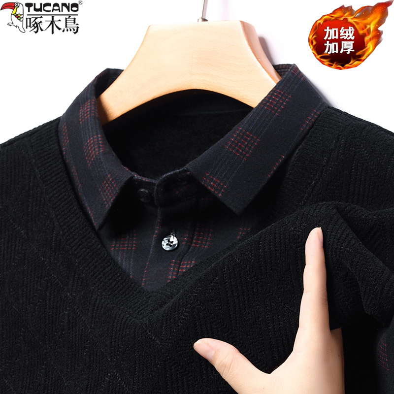啄木鸟雪尼尔一体绒秋冬季含羊毛桑蚕丝毛衣男衬衫领假两件针织衫