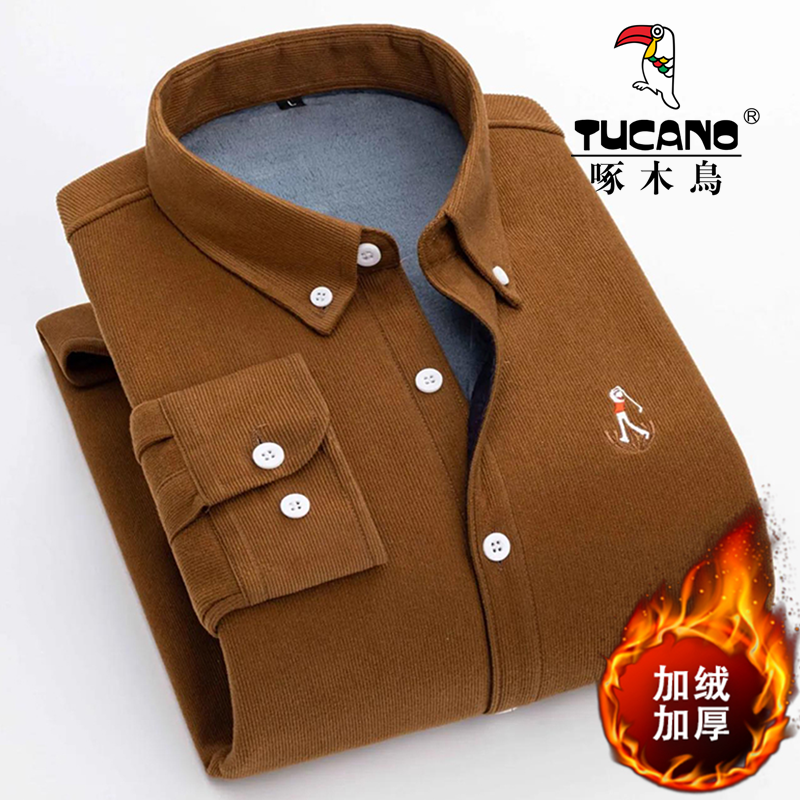 啄木鸟加绒加厚灯芯绒长袖衬衫男保暖高档免烫抗皱寸衣口袋上衣潮