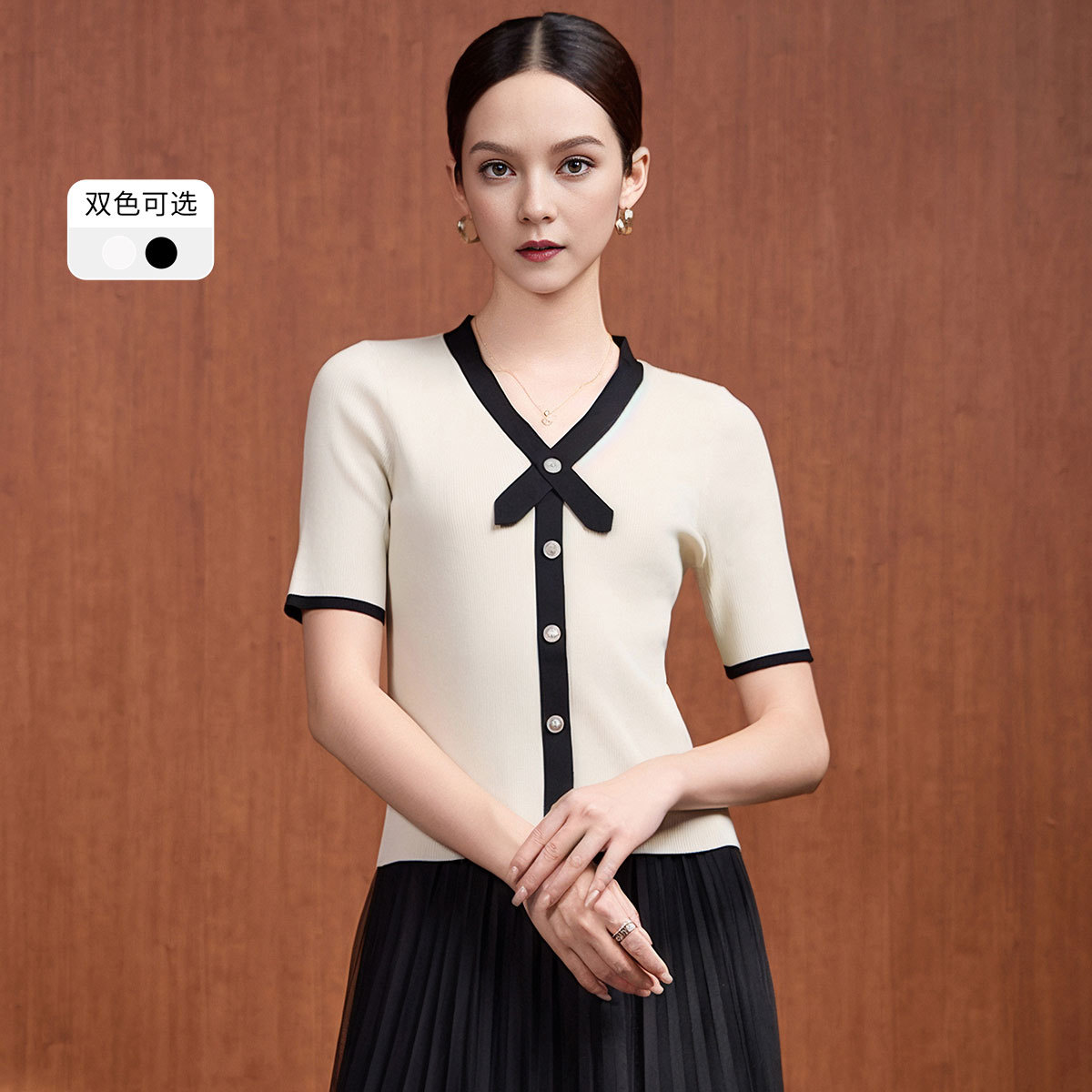 法式修身显瘦撞色小众短袖洋气百搭时尚气质小香风针织衫女VDA063