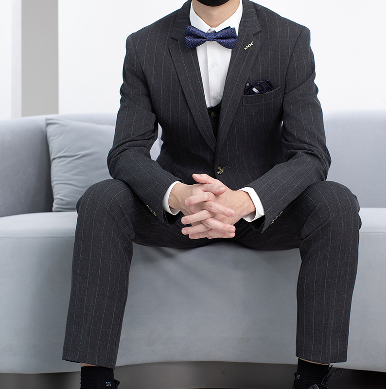 婚礼西服套装条纹平驳领三件套商务休闲帅气修身款