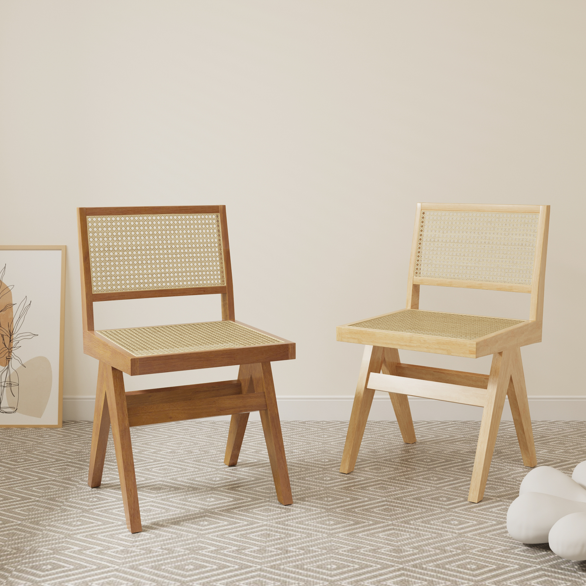 北欧实木藤编餐椅侘寂风家用民宿藤椅日式设计师靠背椅复古藤编椅