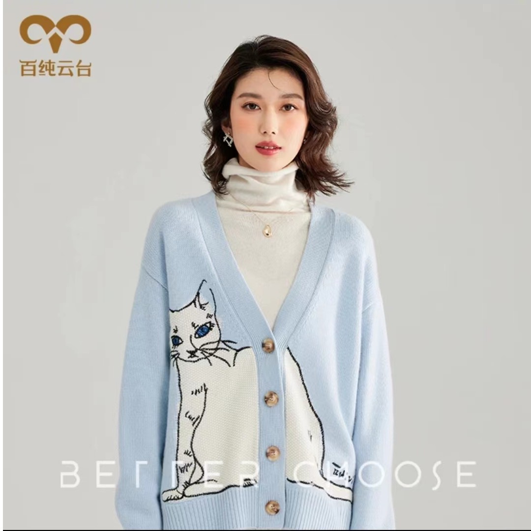 百纯云台(100纯山羊绒）猫咪V领刺绣提花开衫BC2109042