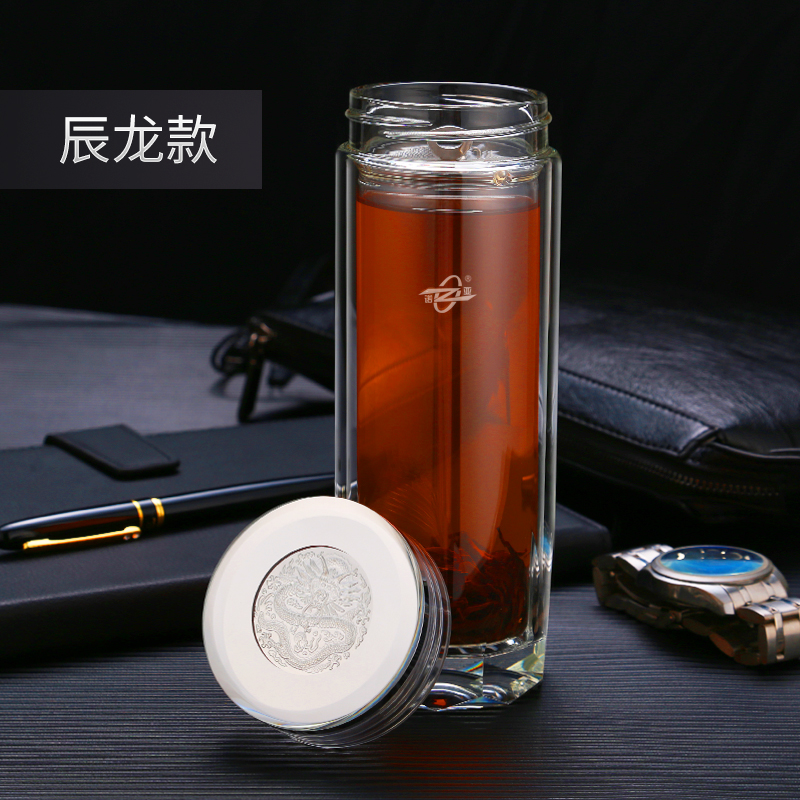 诺亚钻石水晶杯白色透明双层圆形中式纯色玻璃杯男女水杯过滤便携