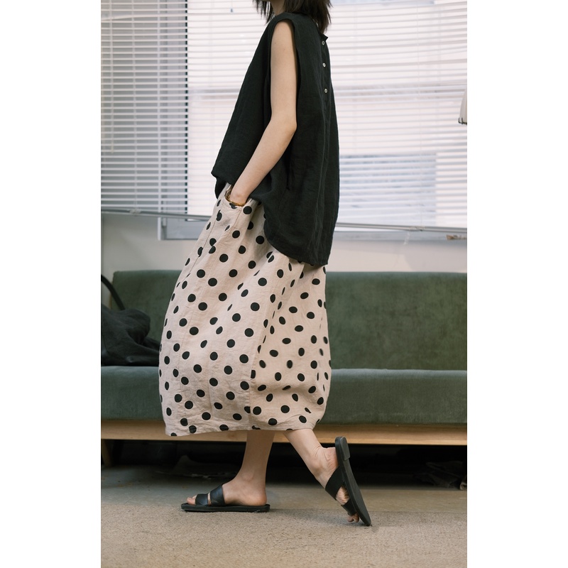 女士雨露汉麻波点半身裙休闲气质百搭夏季花苞裙显瘦半身裙24021
