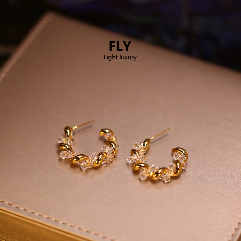 铜合金合成锆石耳饰 时尚通勤缠绕麻花型清新高级感C圈耳环-9412