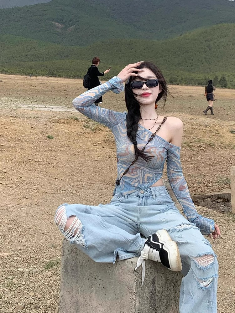 不规则露肩晕染防晒罩衫上衣女夏季修身紧身辣妹纯欲斜肩网纱上衣
