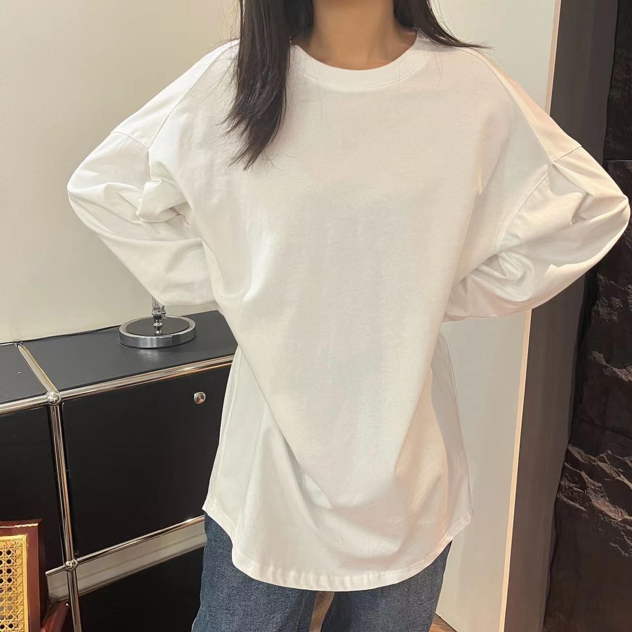 IM SO FANCY纸片人韩版宽松大版圆领长袖衫正肩短袖SQ020