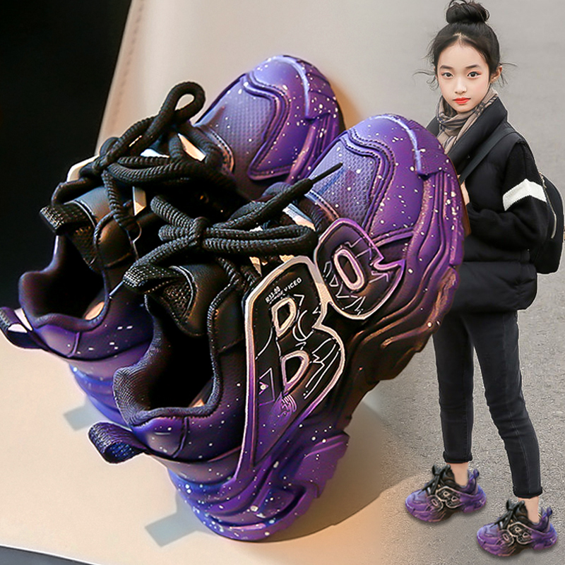 品牌断码耐脏女童鞋子2023新款秋冬款儿童运动鞋女孩皮面老爹鞋加