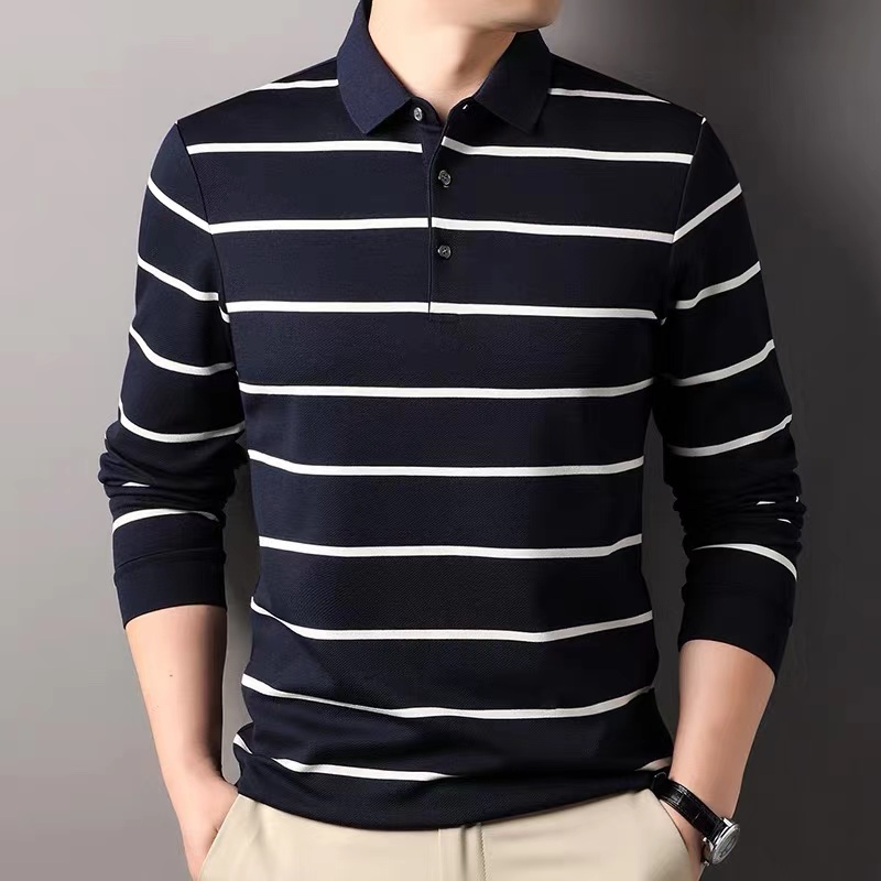  秋冬新款时尚男士休闲商务翻领POLO衫条纹打底长袖翻领5636