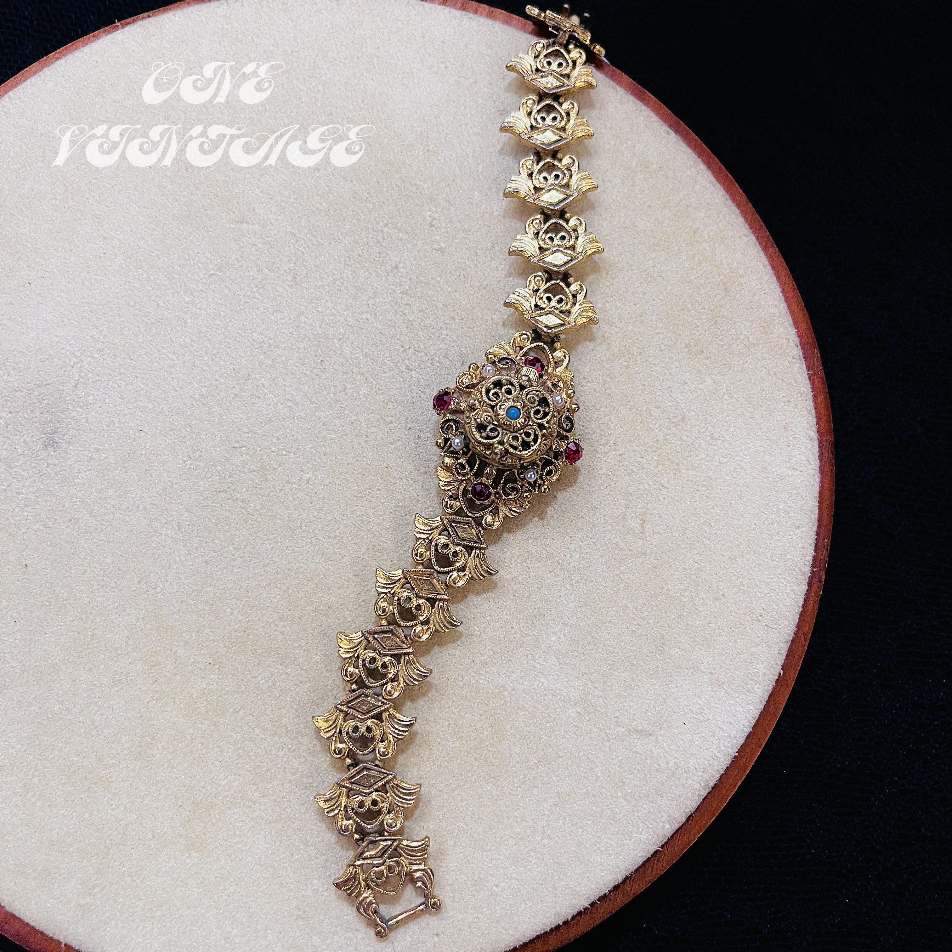 合金仿珍珠手链 florenza古典香膏盒雕花镂空手链 Vintage