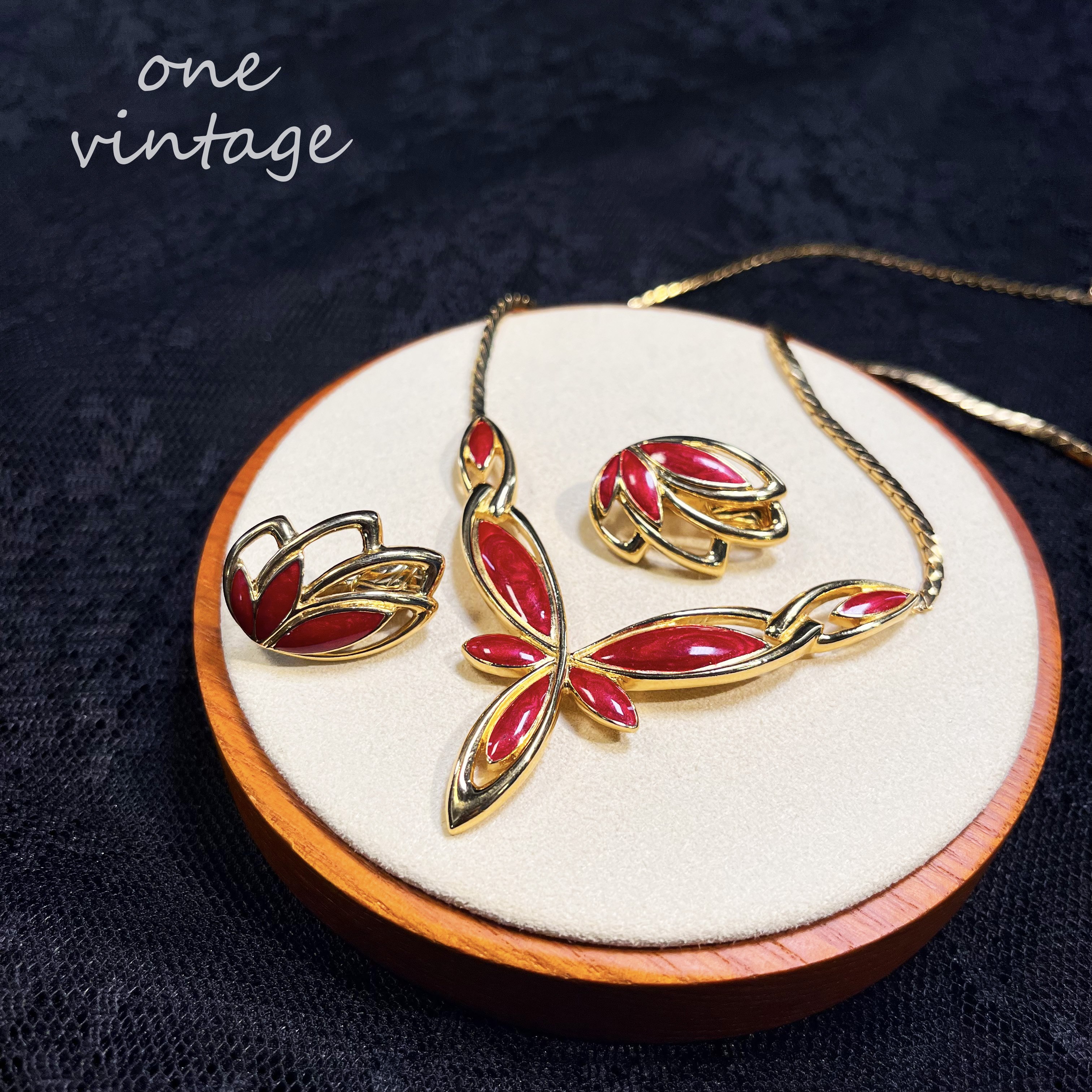 合金珐琅耳饰 TRIFARI红珐琅花草项链耳夹套装vintage气质复古