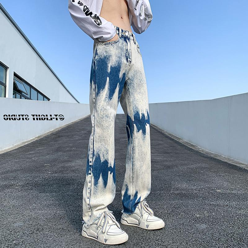 大码毛边扎染渐变色牛仔裤oversize裤子男痞帅高级感cleanfit长裤