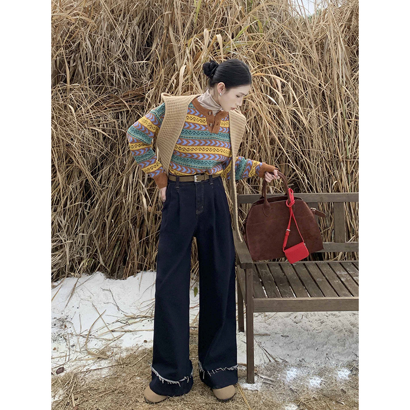 防褪色脚口撞色流苏暖丝绒加绒牛仔奶奶裤