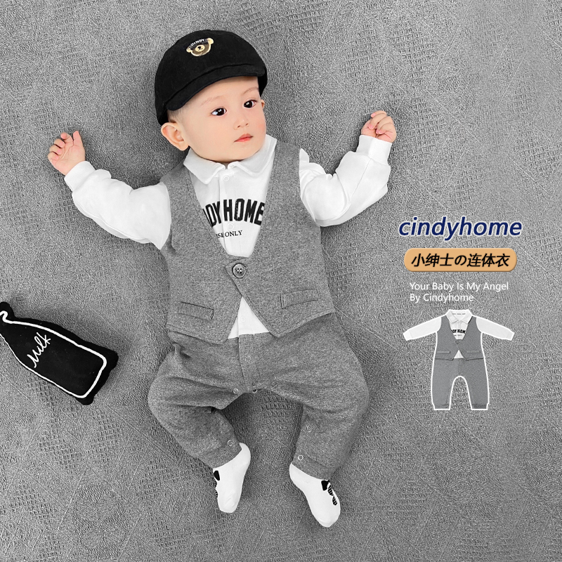 婴幼儿假两件灰色马甲连体衣爬爬服