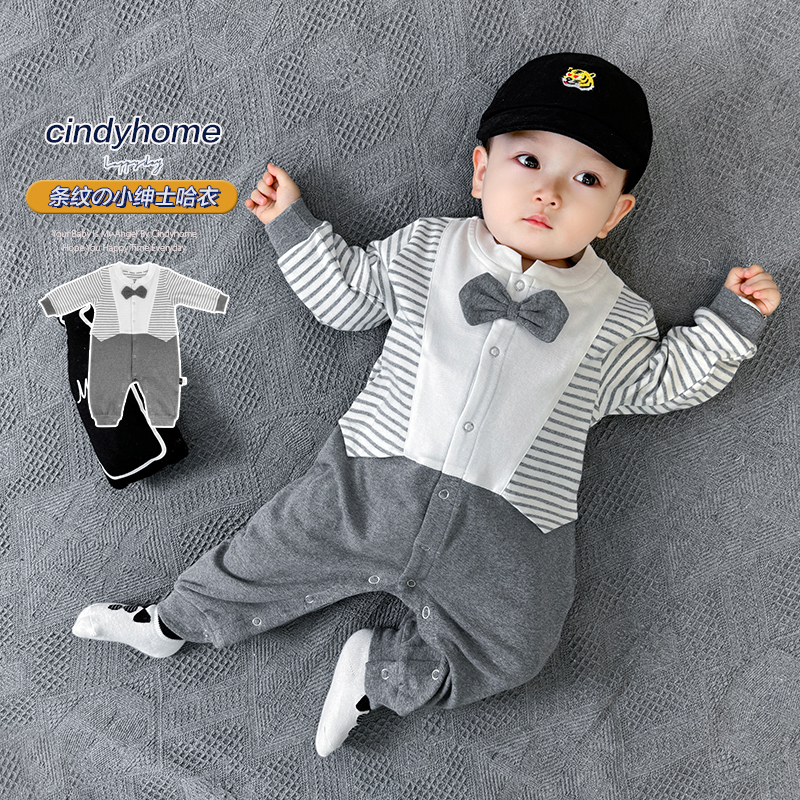 婴儿新生儿宝宝春秋洋气小绅士满月百日宴周岁连体衣哈衣爬服