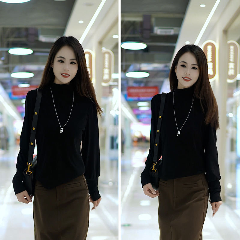 24619秋冬大码显瘦半高领磨毛打底衫女洋气百搭修身纯色内搭