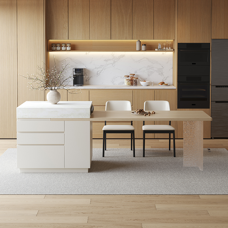 洞石岛台岩板办公室岛台一体家用可伸缩多功能长方形亚克力饭桌