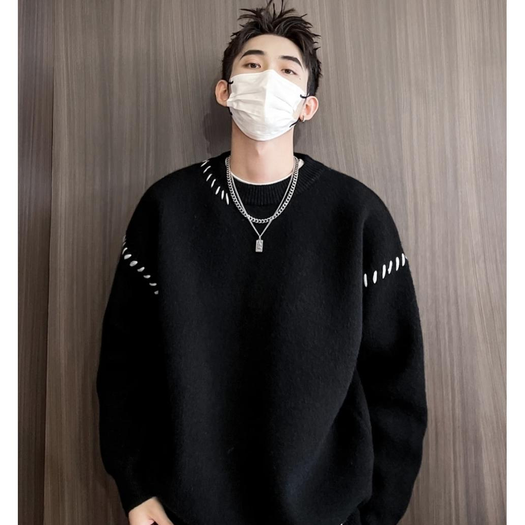 2023秋冬季新款毛衣男士简约休闲百搭保暖美式时尚潮流针织衫圆领