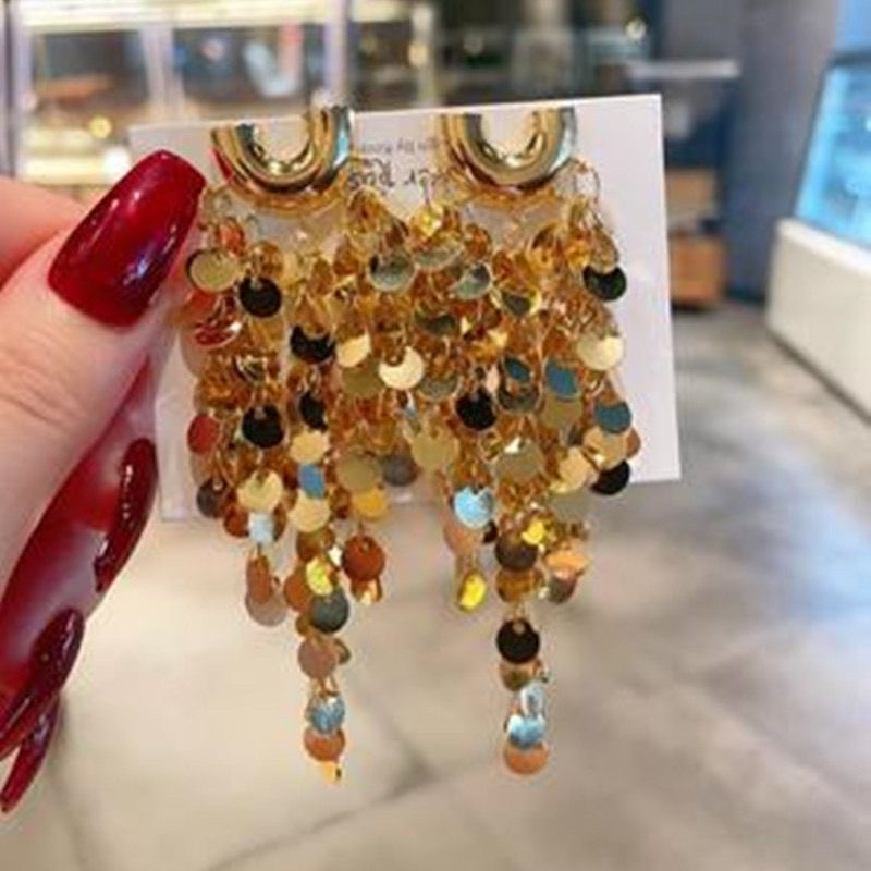铜合金耳饰 欧美风夸张鱼鳞亮片个性耳坠高级感亮片长款手工耳饰