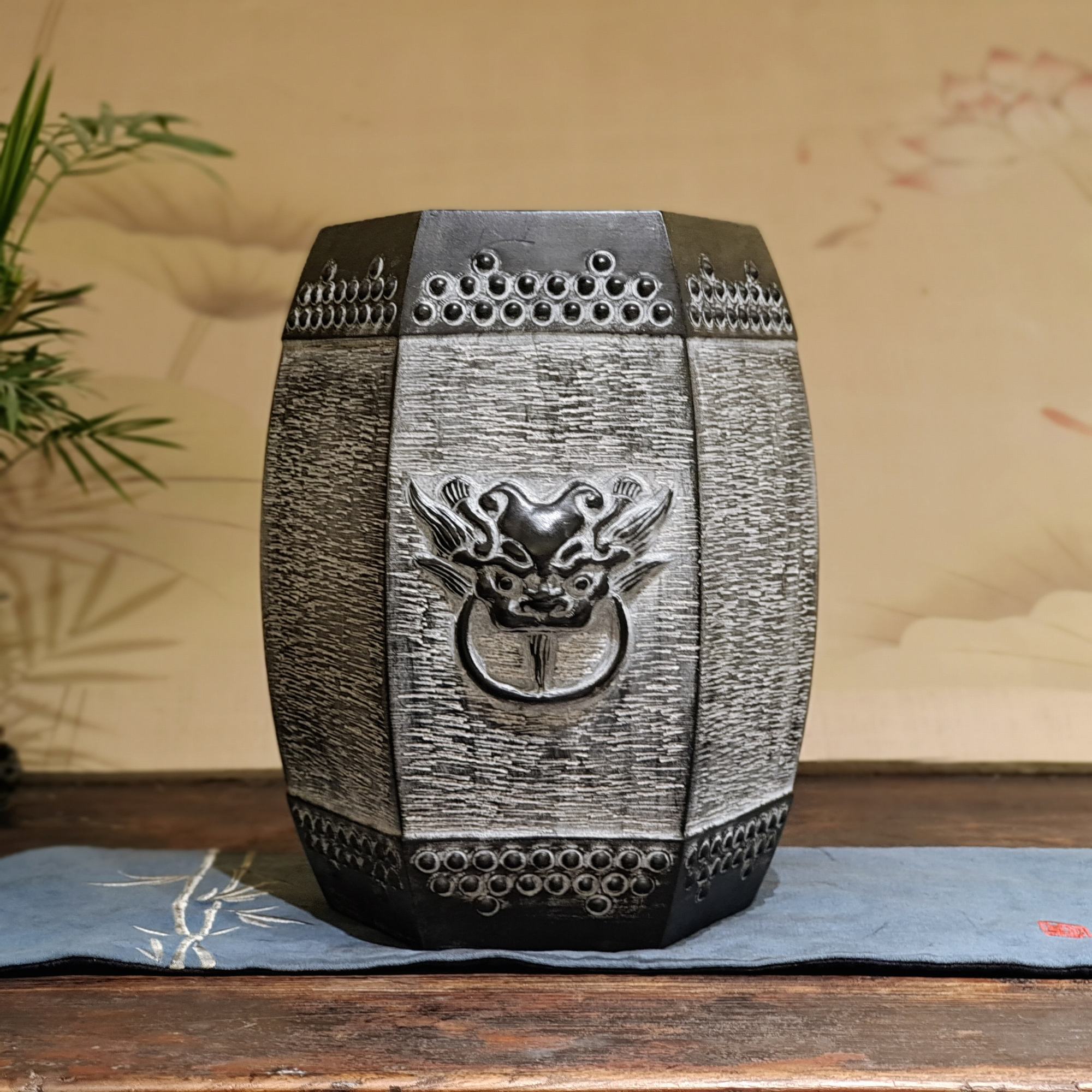 双虎头六棱石鼓│茶室会所客厅盆景底座摆件底座桌面造景家居摆件