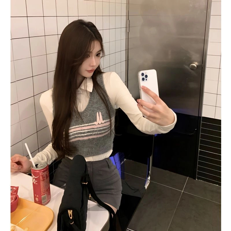 学院风条纹针织毛衣马甲女春秋内搭Polo领上衣高腰包臀短裙三件套