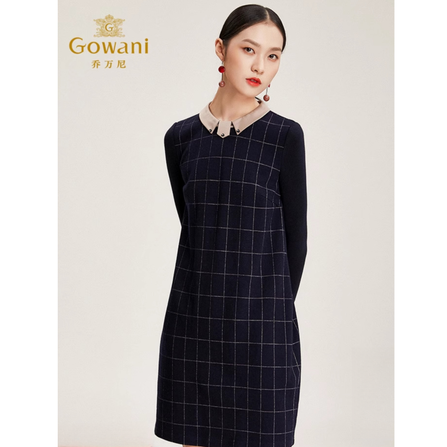乔万尼连衣裙修身显瘦格纹羊毛裙长袖格子冬季保暖EN4E705