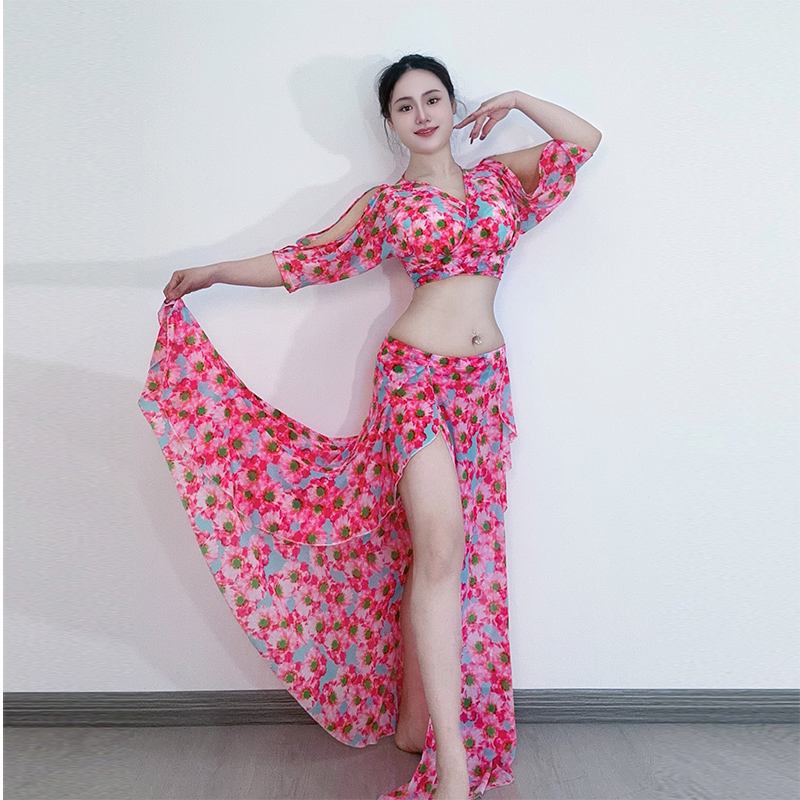 东方肚皮舞练功服2024新款印花飘逸网纱性感洋气鱼尾裙演出服团服