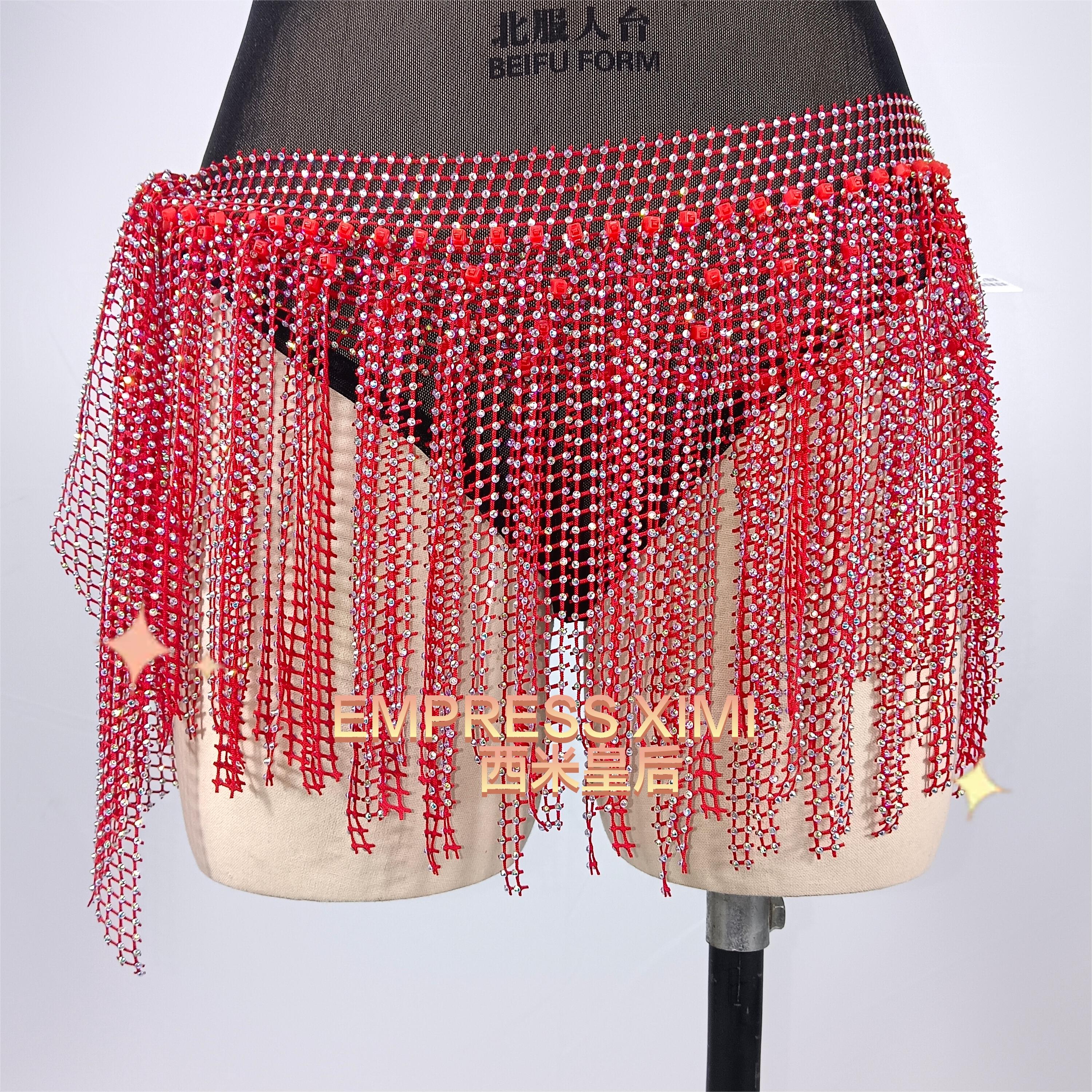 2025肚皮舞腰链钻石臀巾新款多层流苏烫钻屁帘舞蹈服梦幻星河网眼