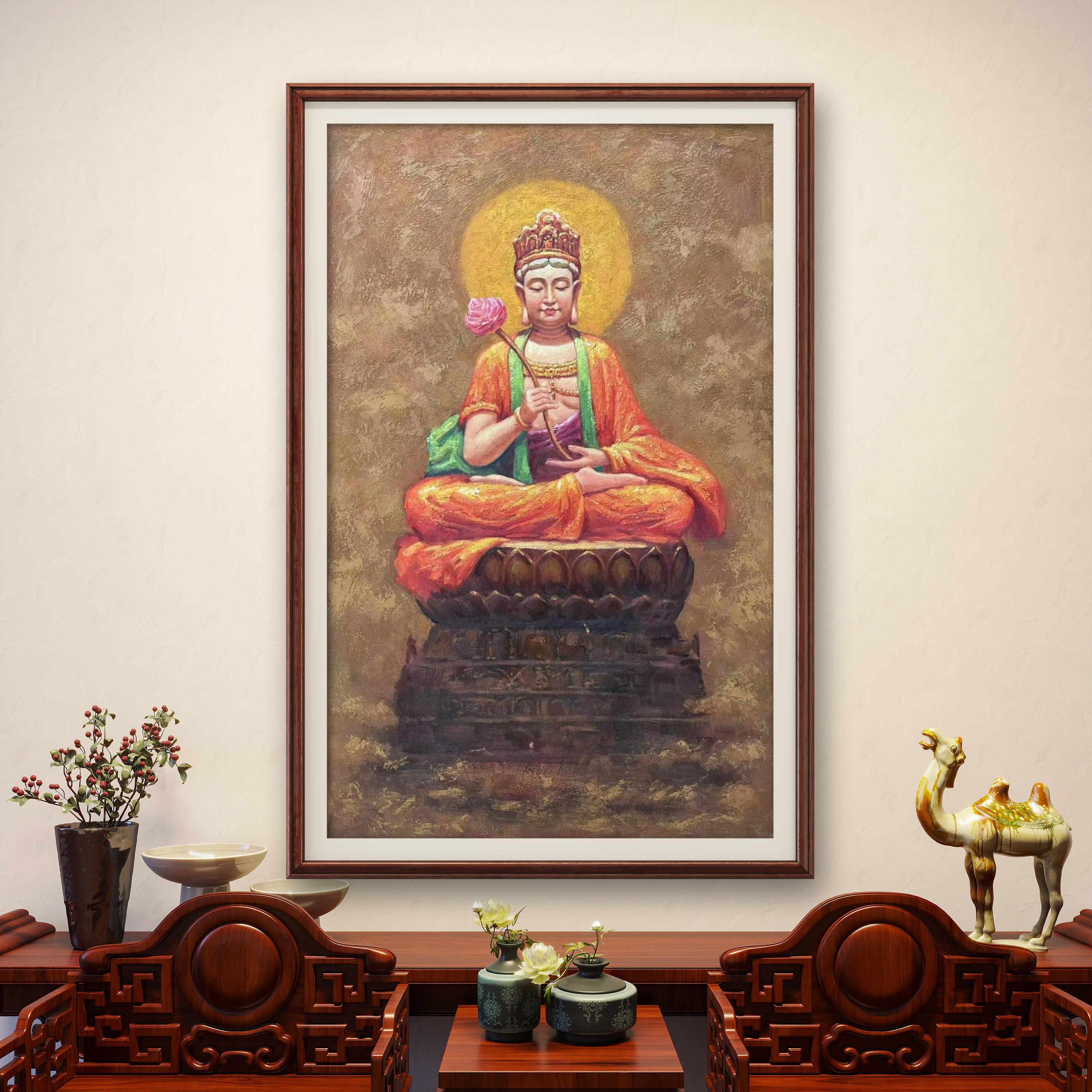 大势至菩萨张俊龙油画原创肌理复刻版画人物国粹茶室办公室挂画