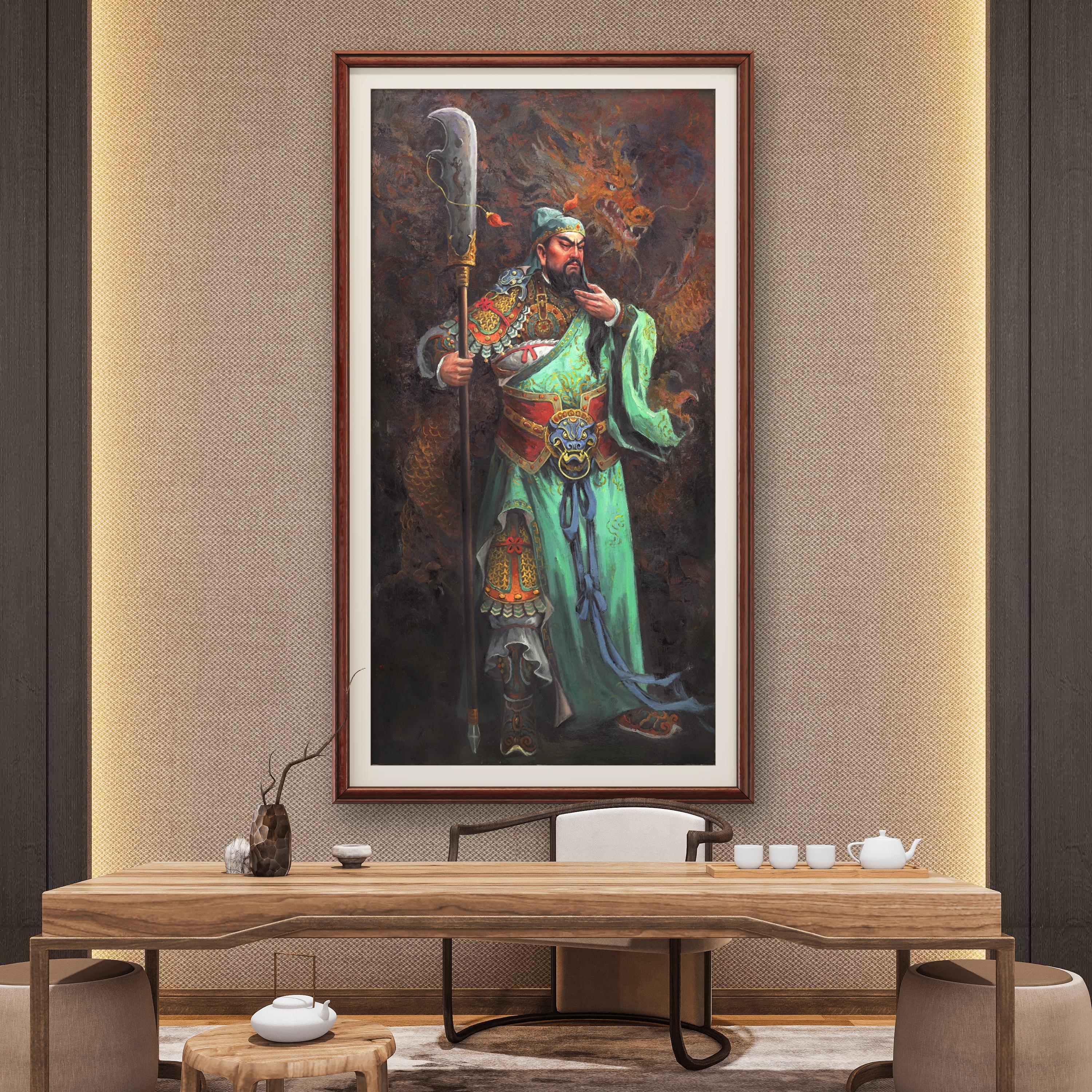 单刀赴会张俊龙纯手绘油画关羽关公公司茶室开业供玄关装饰挂画