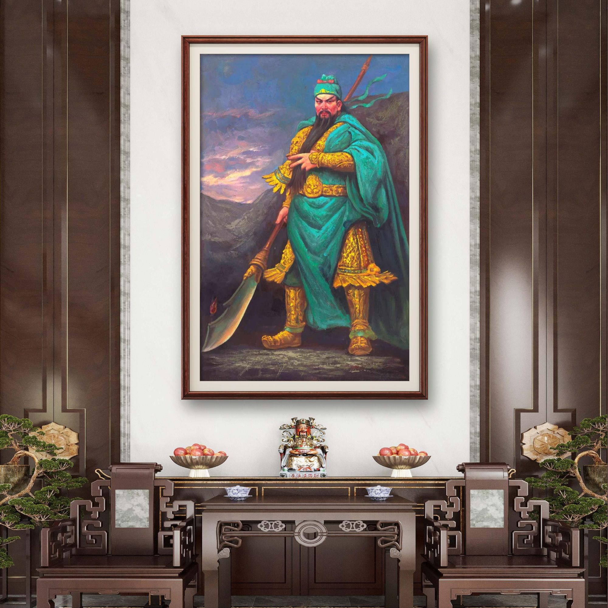 关圣关公张俊龙原创肌理复刻版画油画关羽关二爷原创门店茶室背景