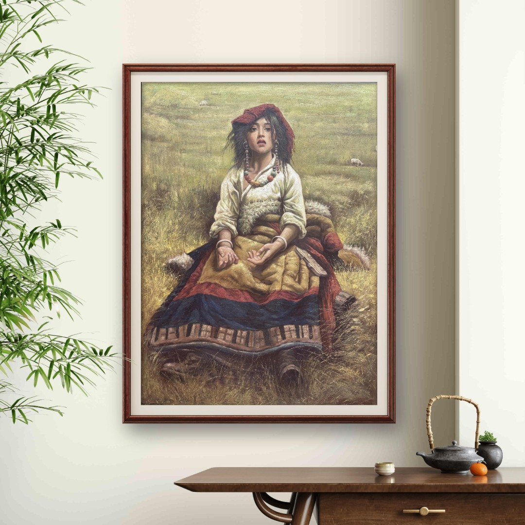 牧羊女孩张俊龙油画原创肌理复刻版画草原放羊家居走廊玄关装饰画