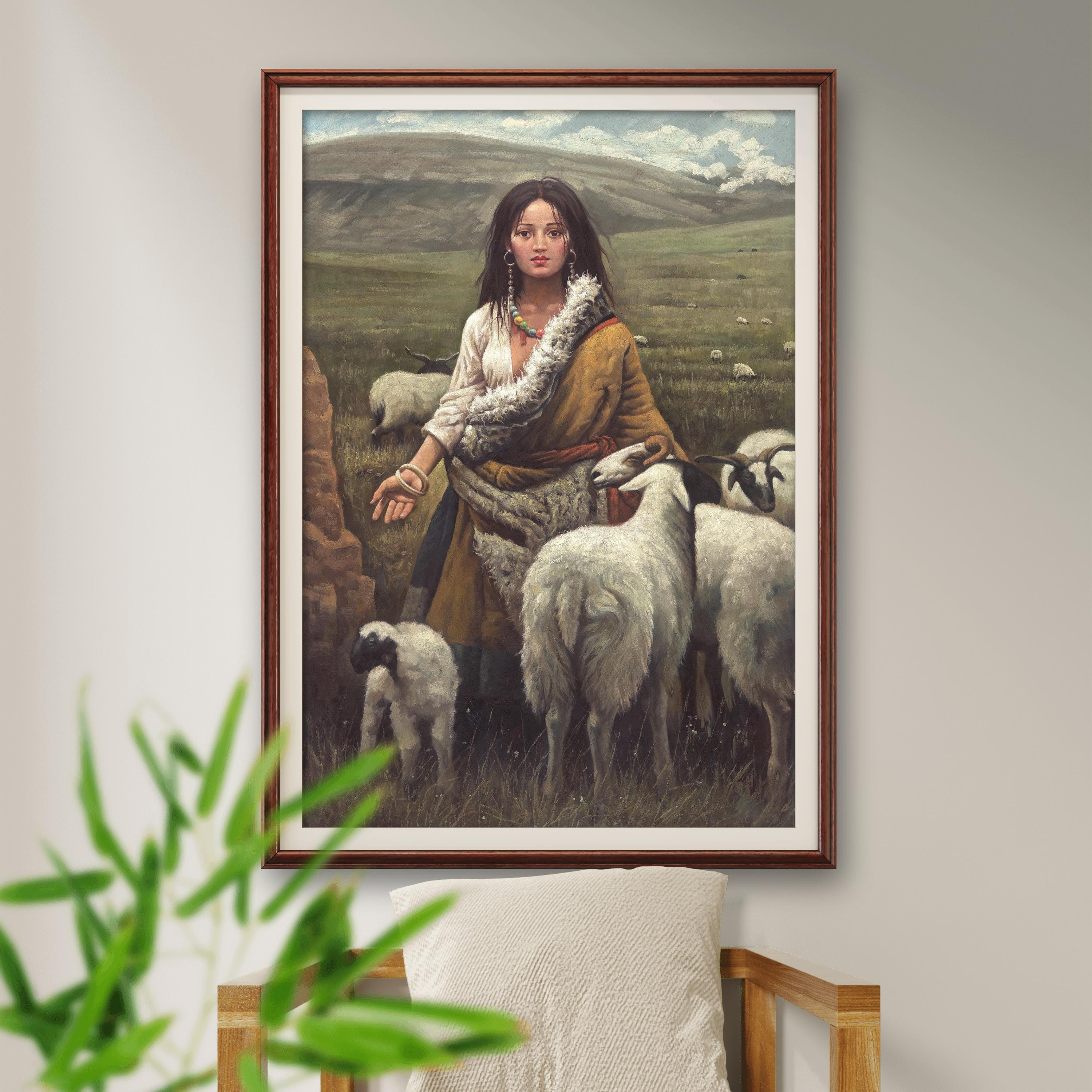 牧羊女卓玛古阿图西藏民族油画肌理复刻版画茶室办公室背景墙挂画