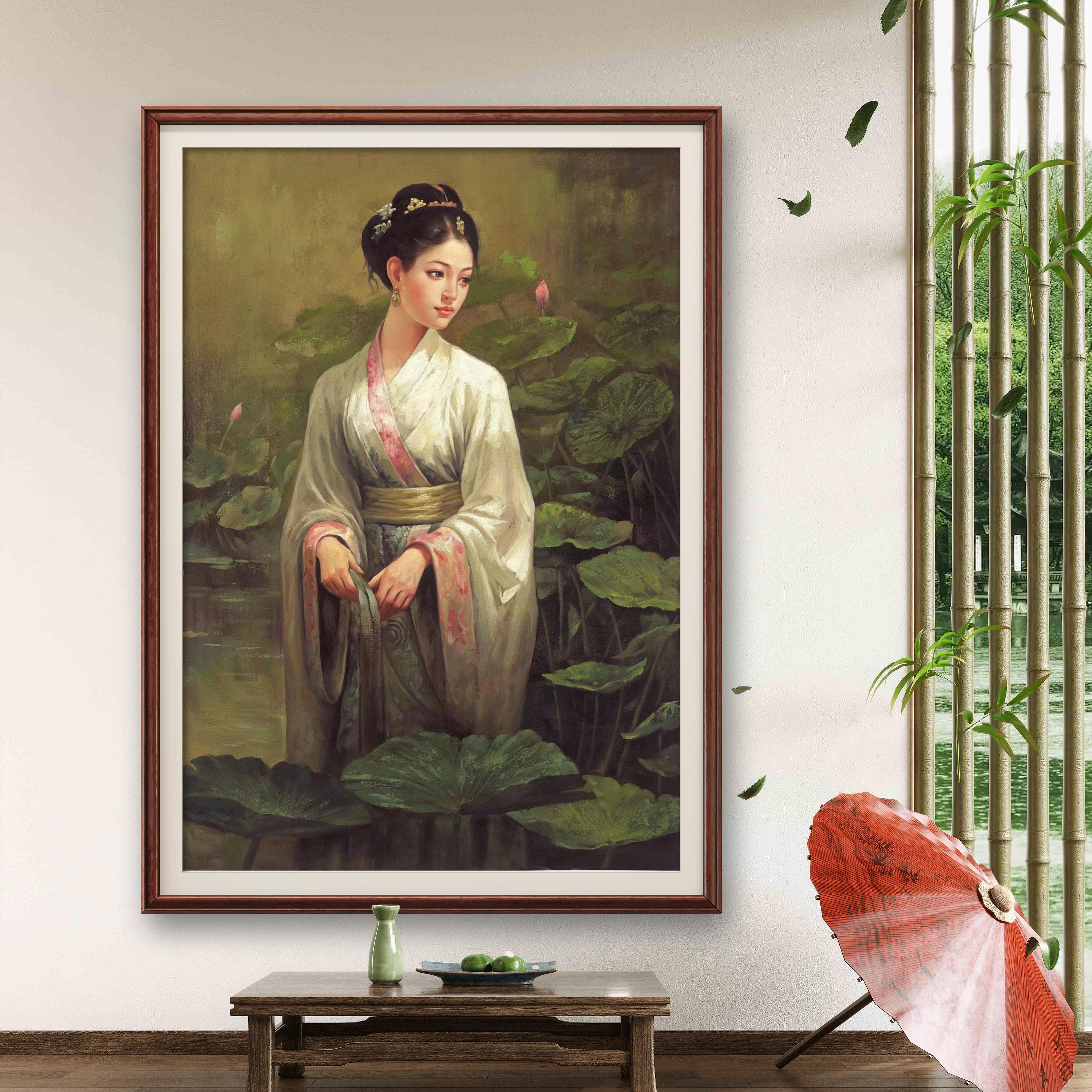 青莲佳人张俊龙油画原创肌理复刻版画走廊古典美女玄关书房背景画