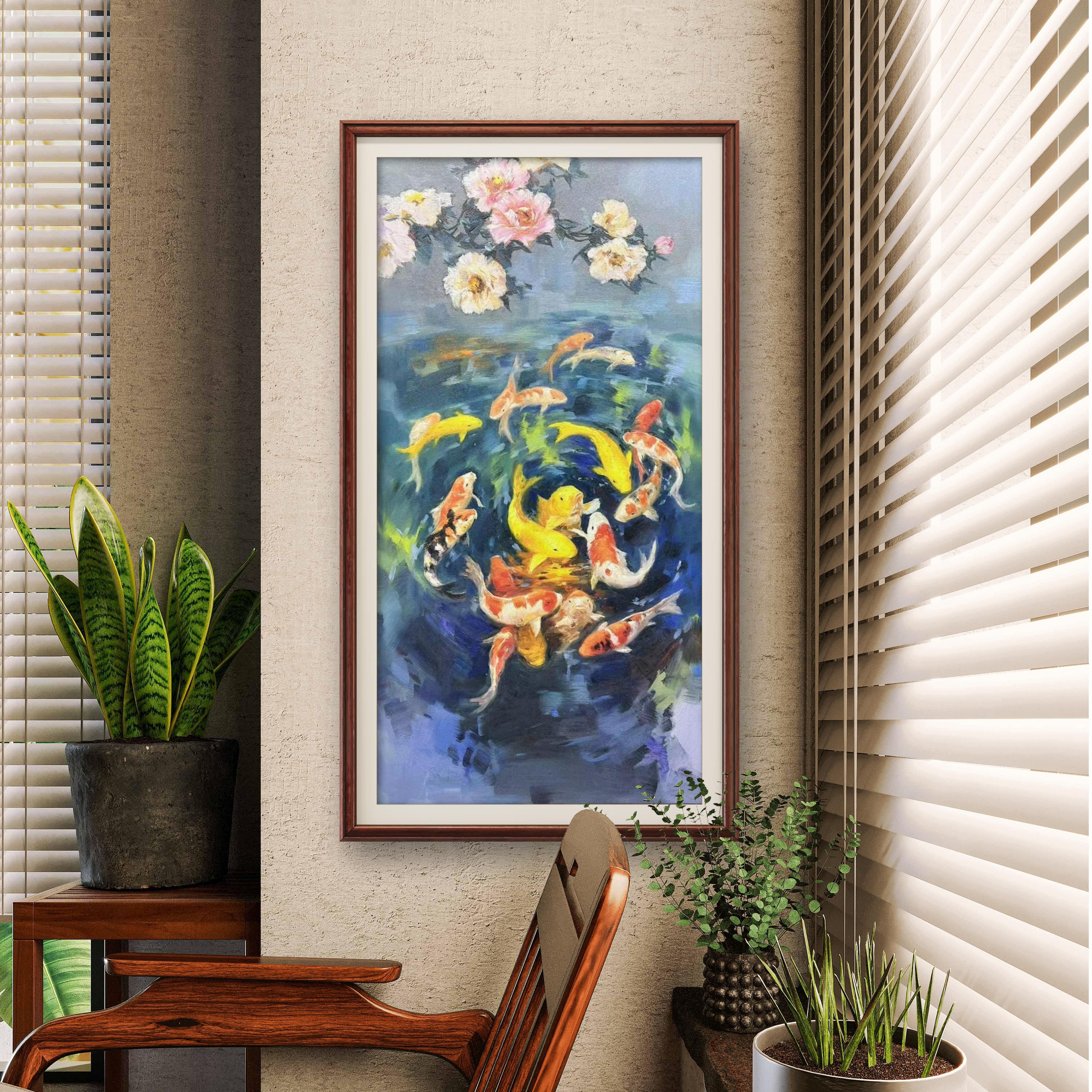 锦鲤牡丹油画肌理复刻版画新居中式茶餐厅入户玄关过道背景装饰画