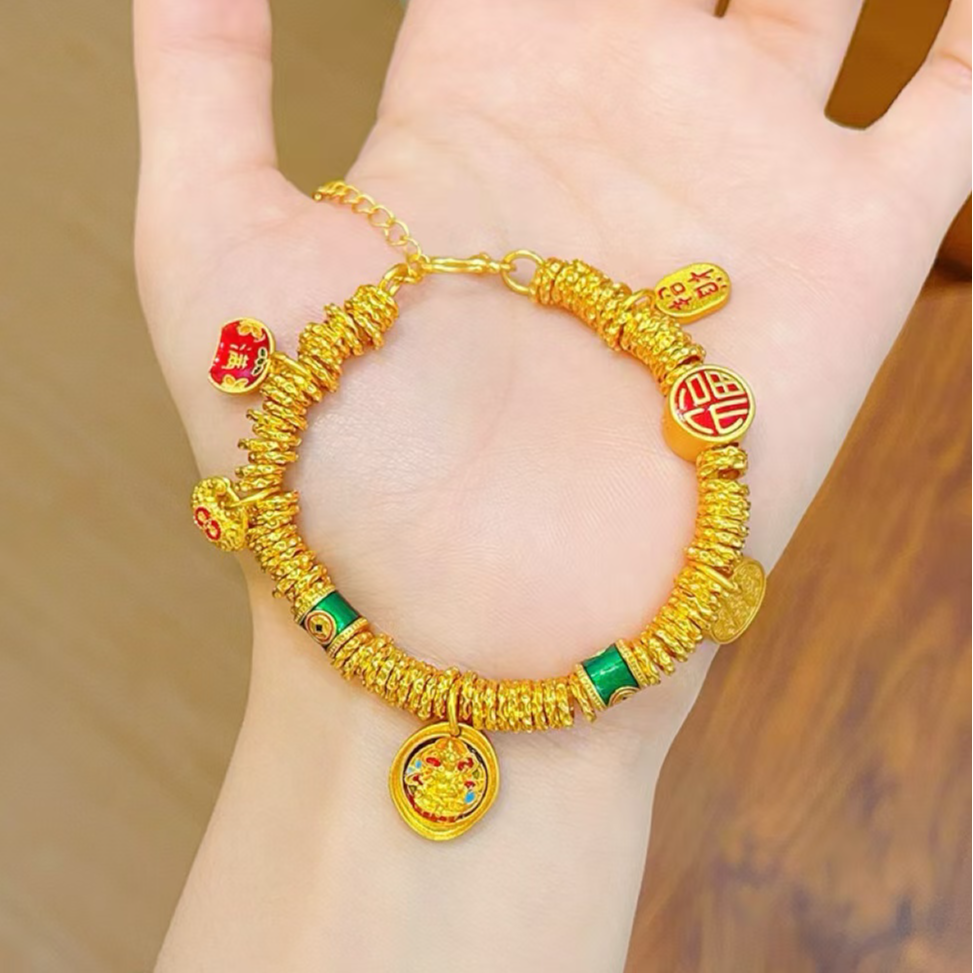 铜合金手链 韦雪同款铜合金时尚烧蓝珐琅黄财神盘缠手串可调节