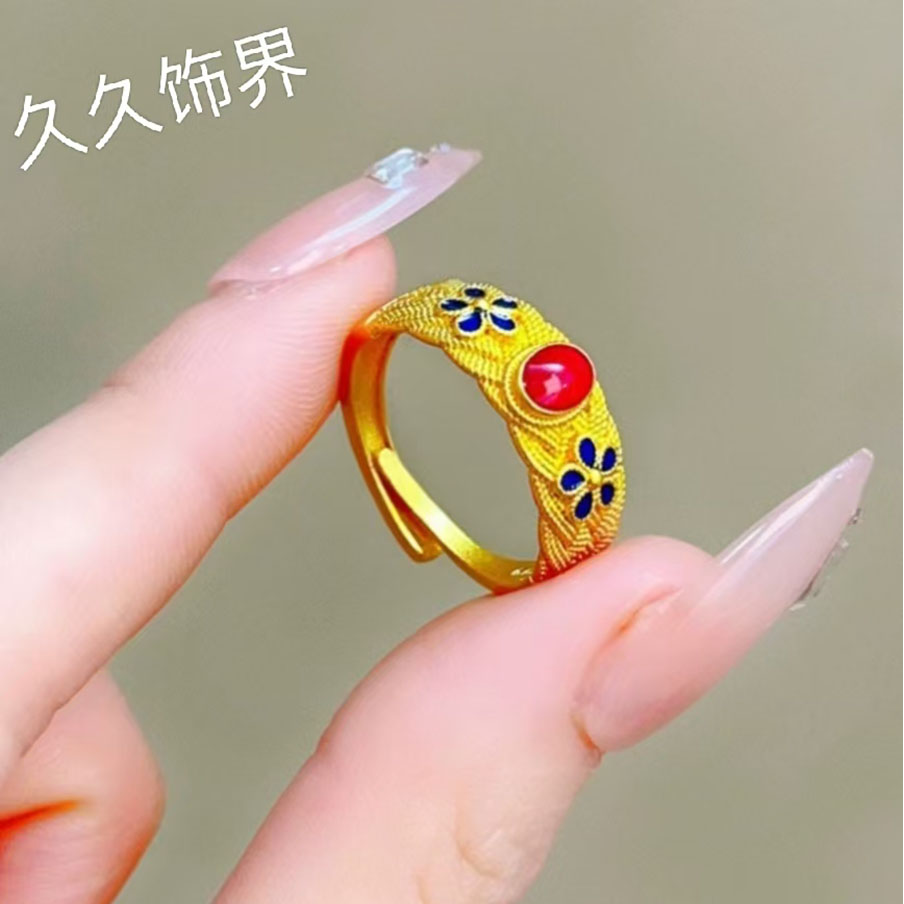 铜合金戒指 铜合金复古时尚烧蓝珐琅花丝中式凤华玲珑国朝开口戒