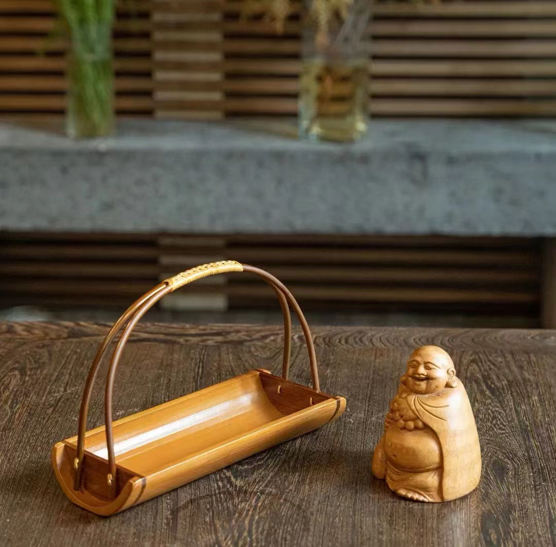 竹制提手茶点盘中式复古零食水果点心盘创意家用收纳提篮干果托盘