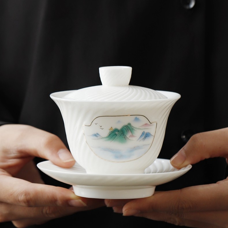 岩茶专用盖碗羊脂玉白瓷泡茶单个茶碗高端功夫茶具120cc三才盖碗