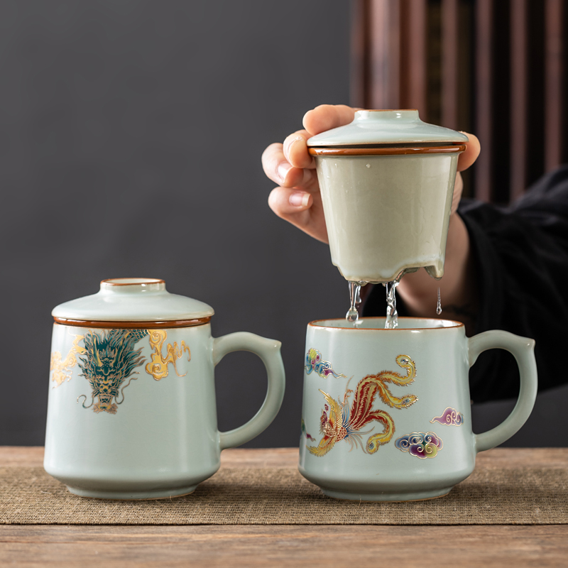 复古汝窑开片办公杯个人茶杯陶瓷带盖过滤茶水分离泡茶杯家用送礼