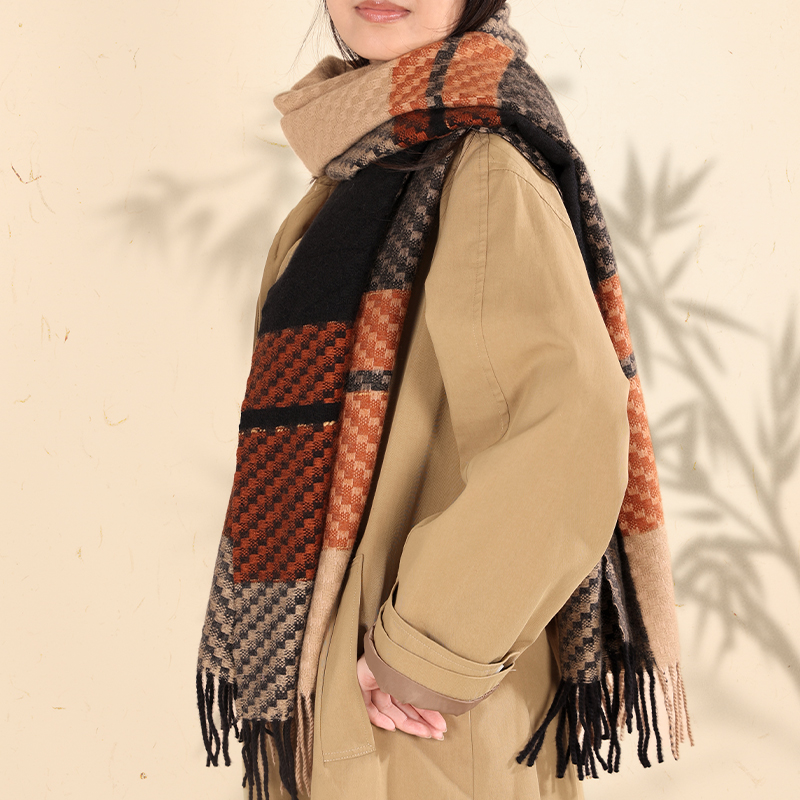 纤梦欢韩版披肩冬季仿羊绒女条纹拼色百搭防风复古氛围感加厚围脖