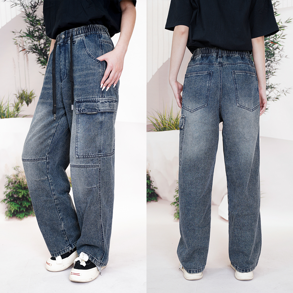 【卡宝乐】青少年韩版返潮复古工装百搭时尚阔腿秋季耐磨潮流牛仔裤