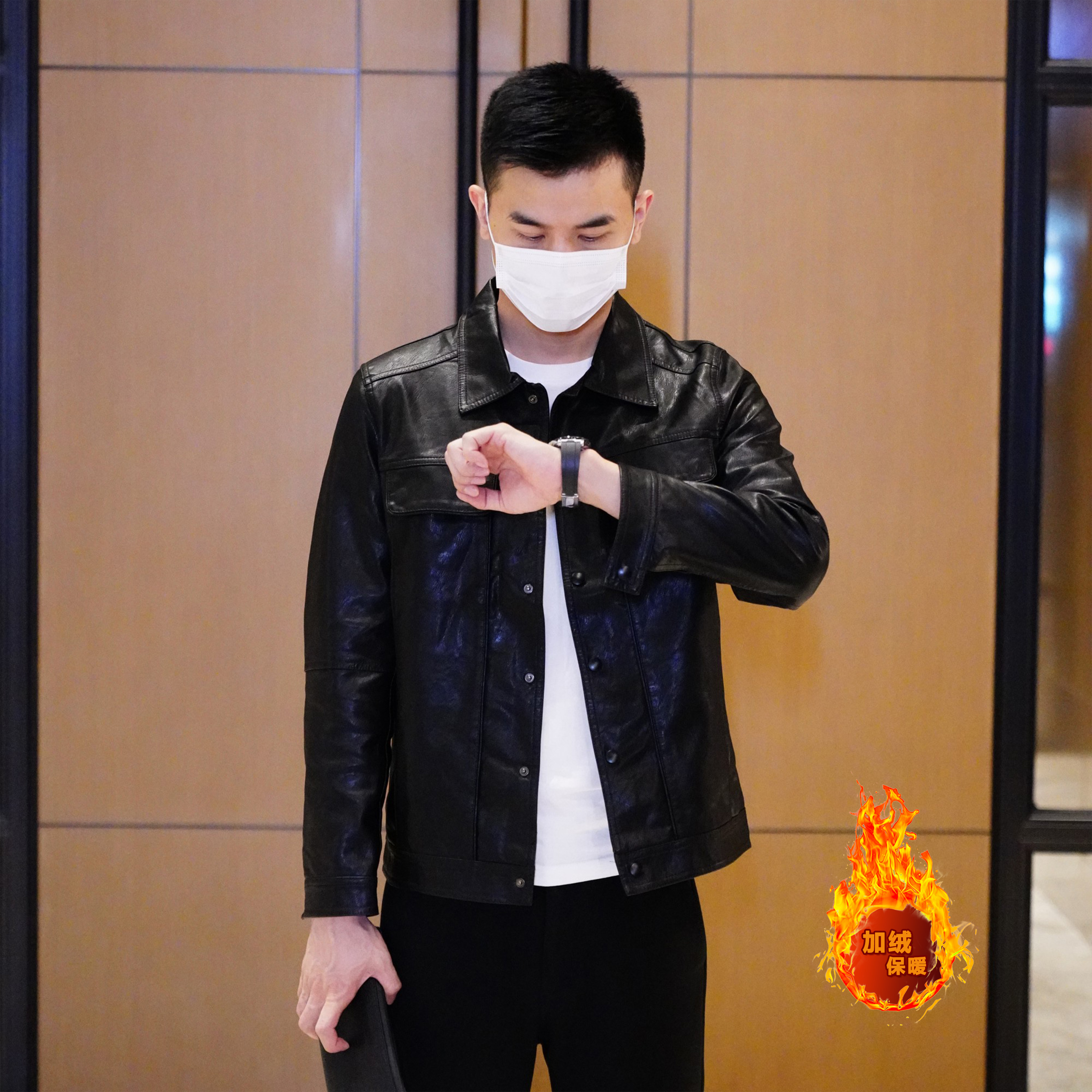 【bing哥哥】翻领皮衣修身气质潮流休闲外套男士春秋时尚韩版