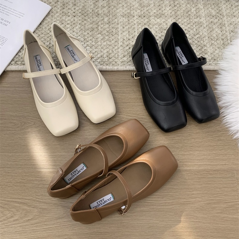 法式复古软面方头玛丽珍鞋女2023秋季新款百搭浅口平跟单鞋1366-8