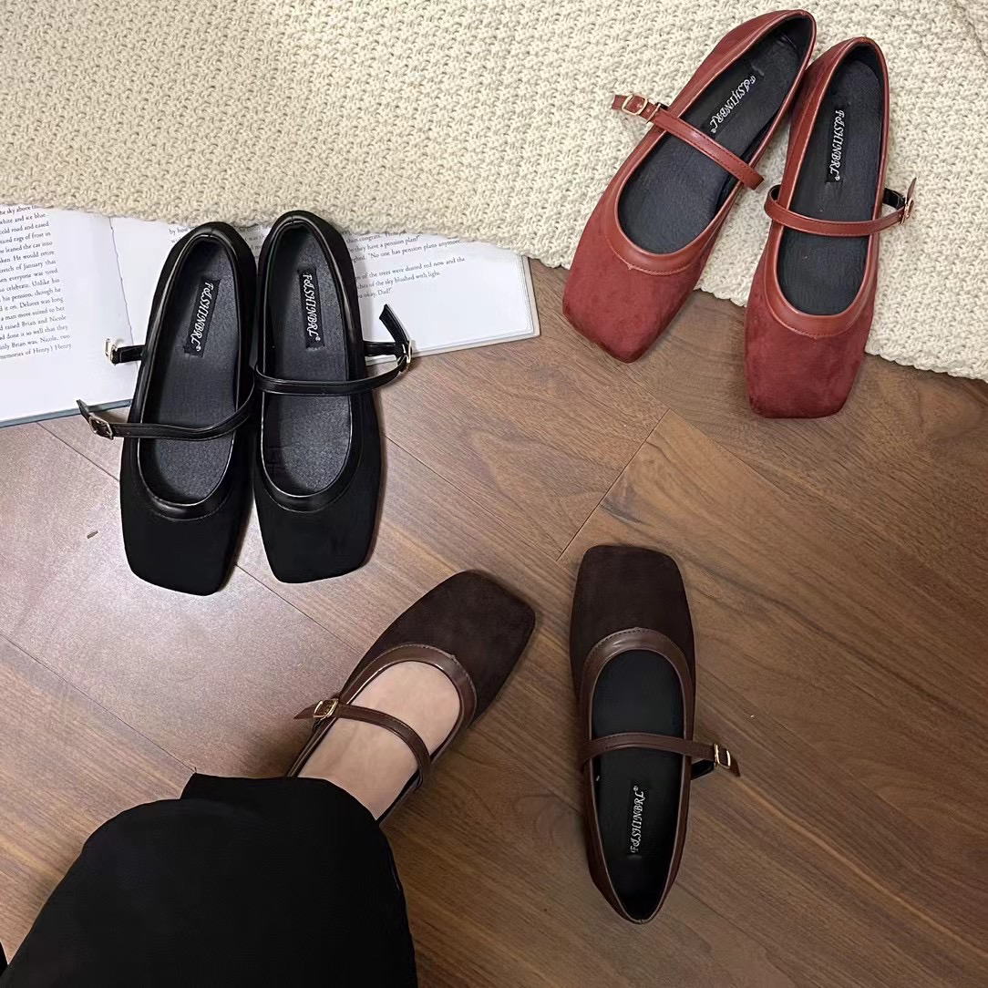 法式复古拼接方头玛丽珍鞋仙女风温柔晚晚鞋百搭通勤单鞋女388-1