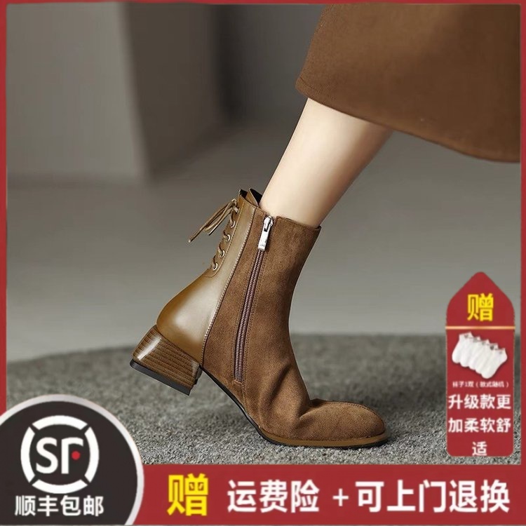 后系带短靴女粗跟方头拼接磨砂皮靴子秋冬新款时尚百搭中跟马丁靴