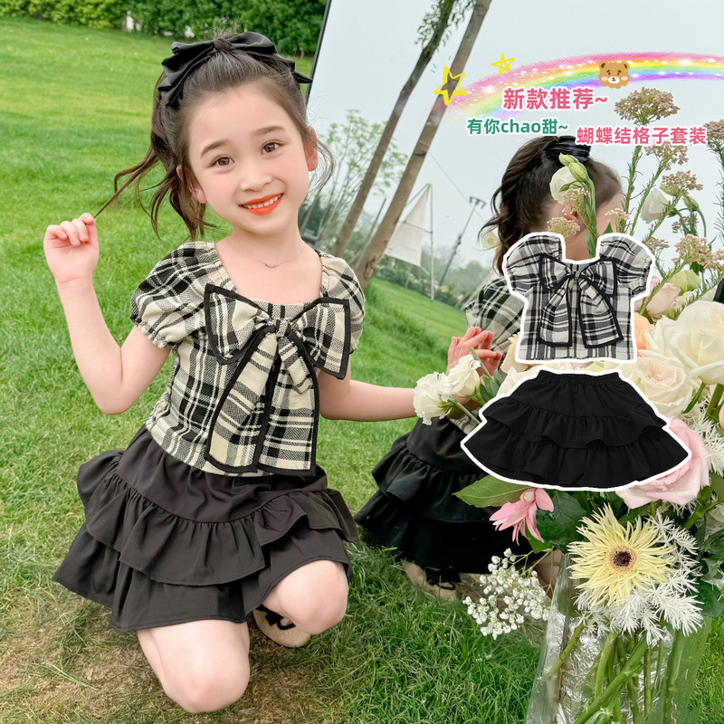 女童蝴蝶结格子套装2024夏季时髦中小童女宝宝甜美可爱公主两件套