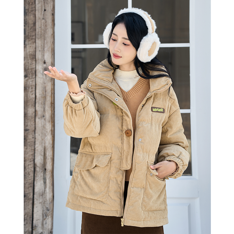【木雅时空】茵曼冬季灯芯绒羽绒服立领手工装饰扣短款加厚外套