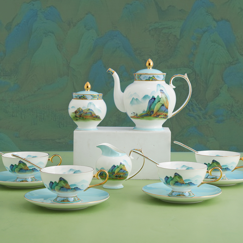 【4-6人用】华光国瓷轻奢茶具咖啡杯红茶杯精致家用欧式千里江山